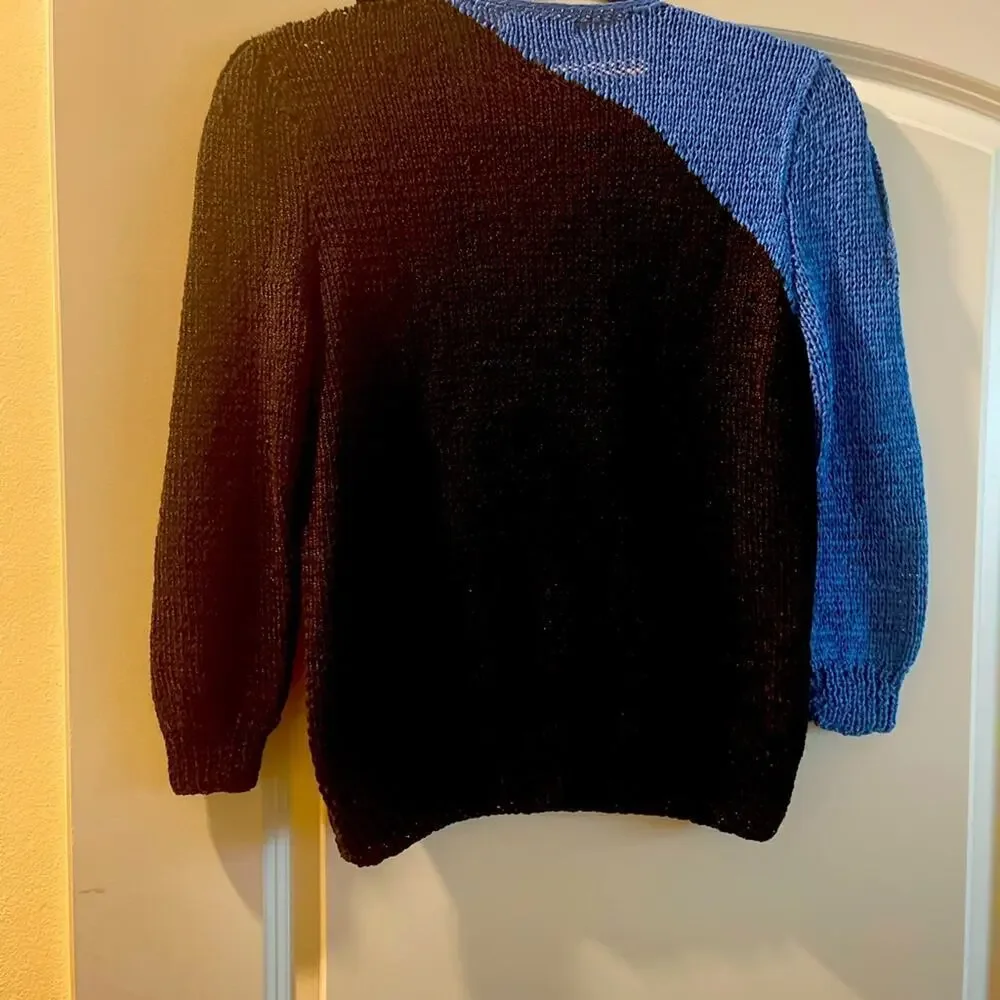 Surplice v- neck sweater hand knit blue snake skin trim 3/4 length sleeves